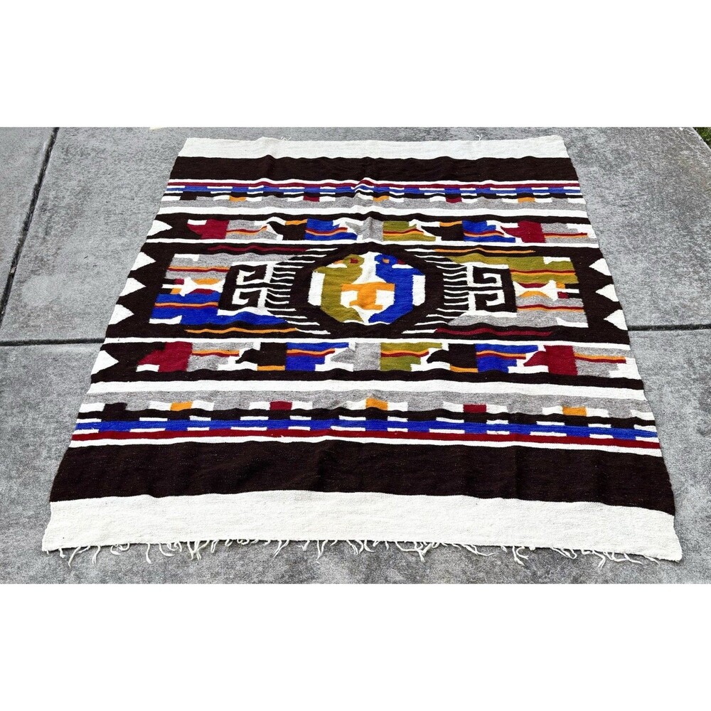 VTG 70s Retro Boho Handwoven Wool Blanket Textile Mayan South America 84x64 Twin